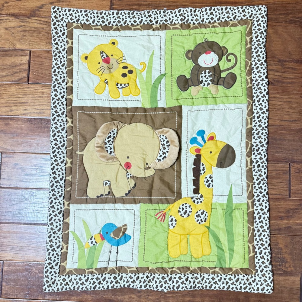 VTG Jungle Safari Animal Zoo Quilt Baby Blanket Elephant Giraffe Leopard 39x31